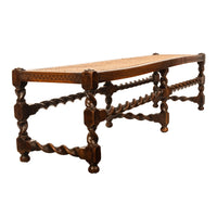 Antique English Jacobean Carved Walnut Barley Twist Caned Long Bench Seat 1880