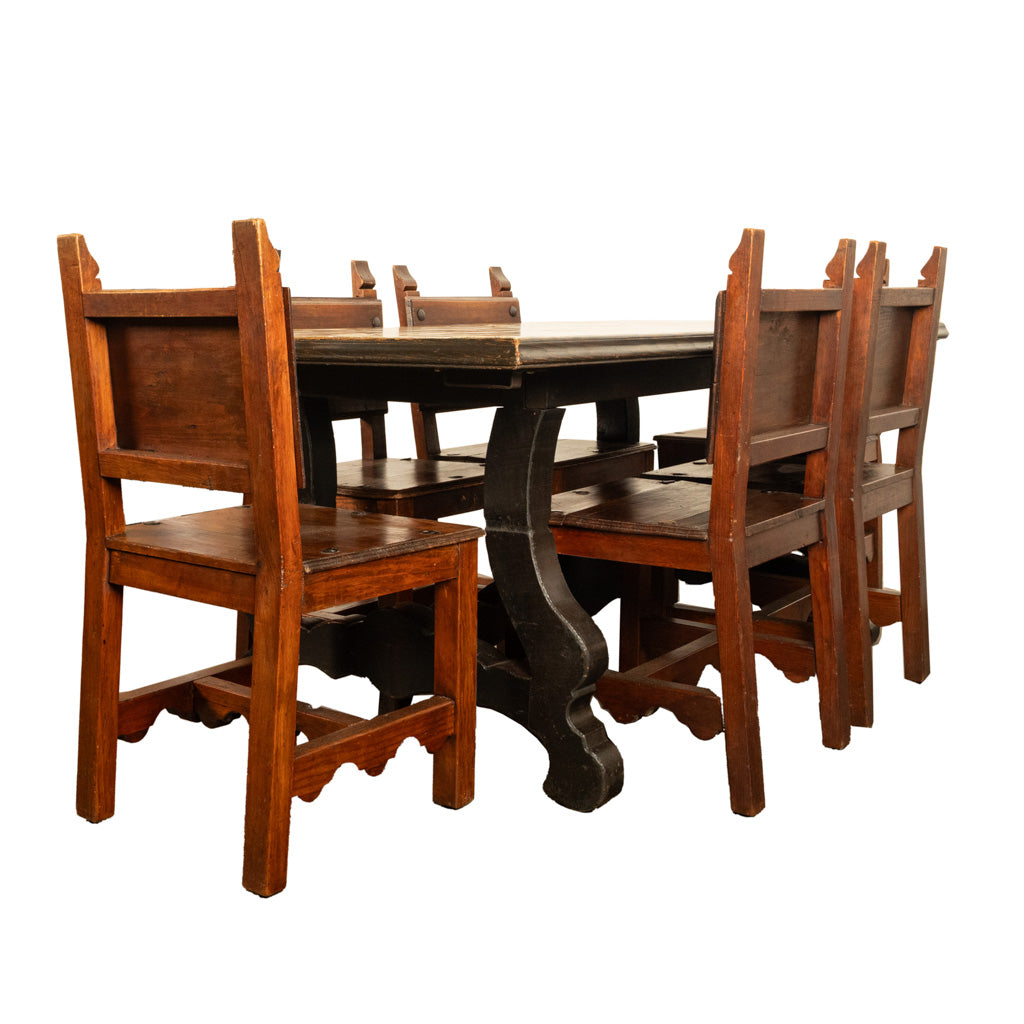 Antique Spanish Colonial Hacienda Walnut Talavera Tile Top Table Six Chairs 1890