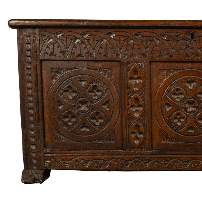 Antique English 17th Century William III Carved Oak Coffer Chest Candle Box 1690