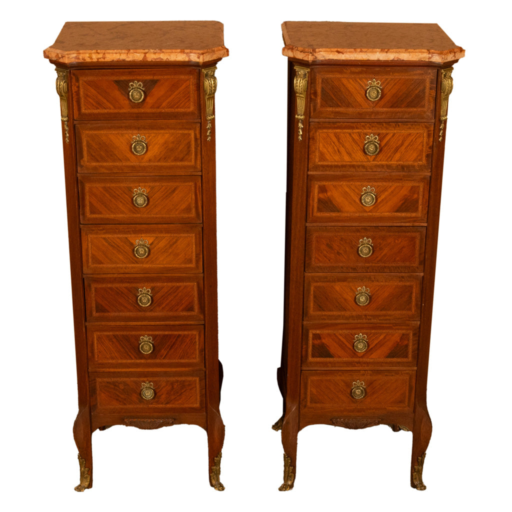 Pair Antique French Semainier Ormolu Inlaid Lingerie Marble Chests Dressers 1900
