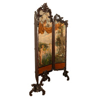 Antique French Rococo Oil Canvas Walnut Painting Landscape Cherubs Screen 1870