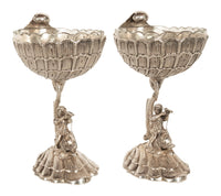 Antique Pair German Silver Master Salts Grotto Shells Putti Dolphins Hannau 1890