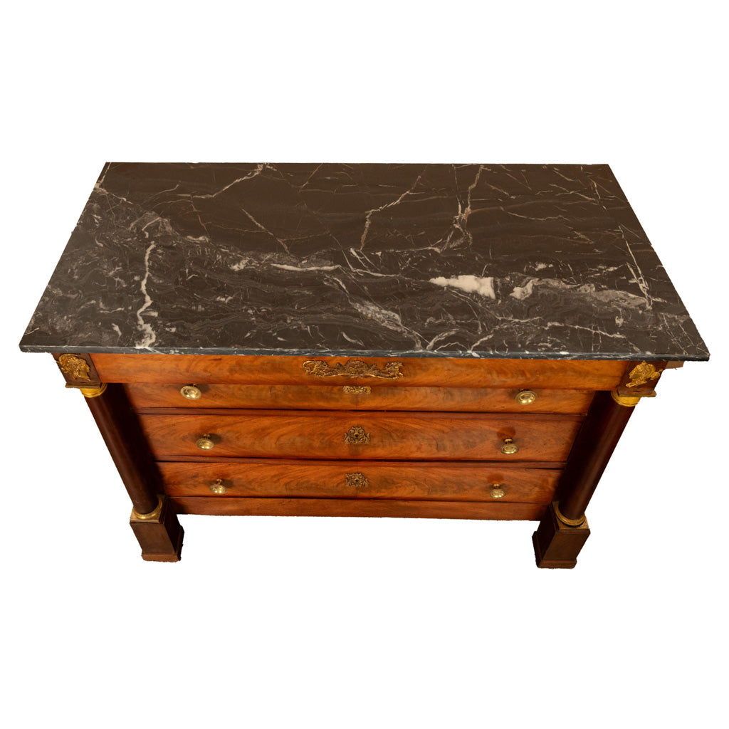 Antique French Empire Mahogany Marble Top Ormolu Commode Chest of Drawers 1810