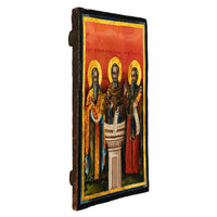Antique Greek Eastern Orthodox Religious Painted Icon Egg Tempera 3 Saints 1780