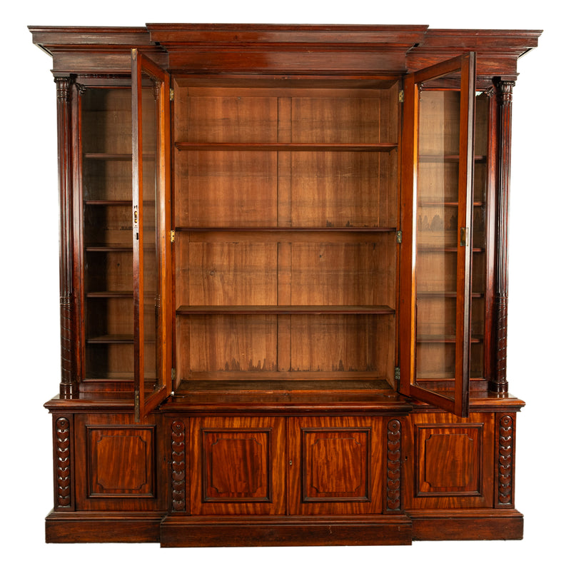 Monumental Antique Irish Carved Mahogany Breakfront Bookcase Bibliotheque 1850