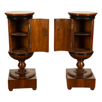 Pair Antique Austrian Walnut Biedermeier Drum Pedestal Cabinets Nightstands 1830