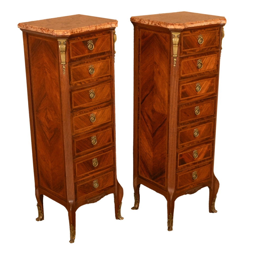 Pair Antique French Semainier Ormolu Inlaid Lingerie Marble Chests Dressers 1900