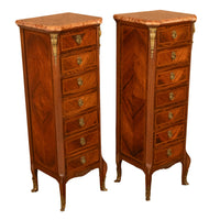Pair Antique French Semainier Ormolu Inlaid Lingerie Marble Chests Dressers 1900