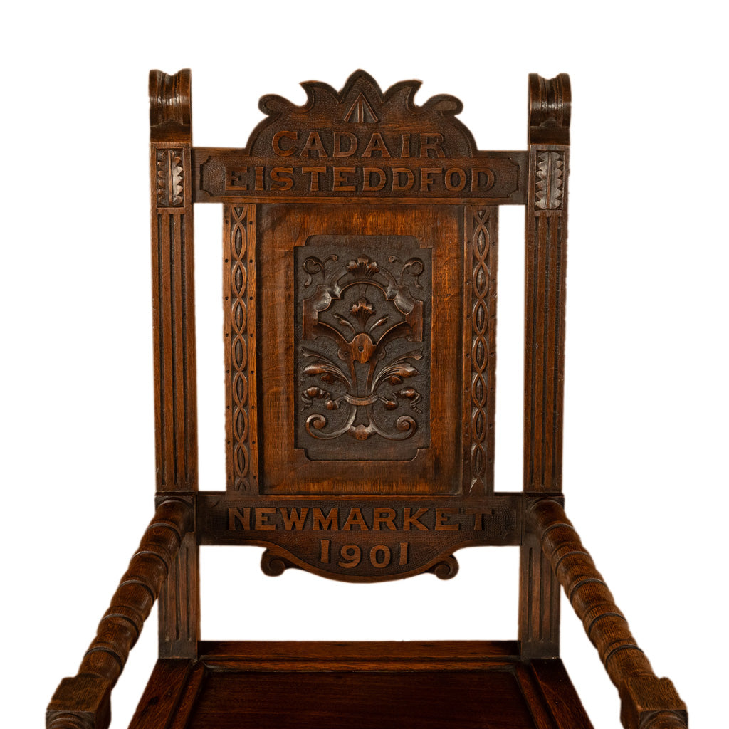 Antique Welsh Carved Oak Eisteddfod Bardic Chair Newmarket Trelawnyd Wales 1901