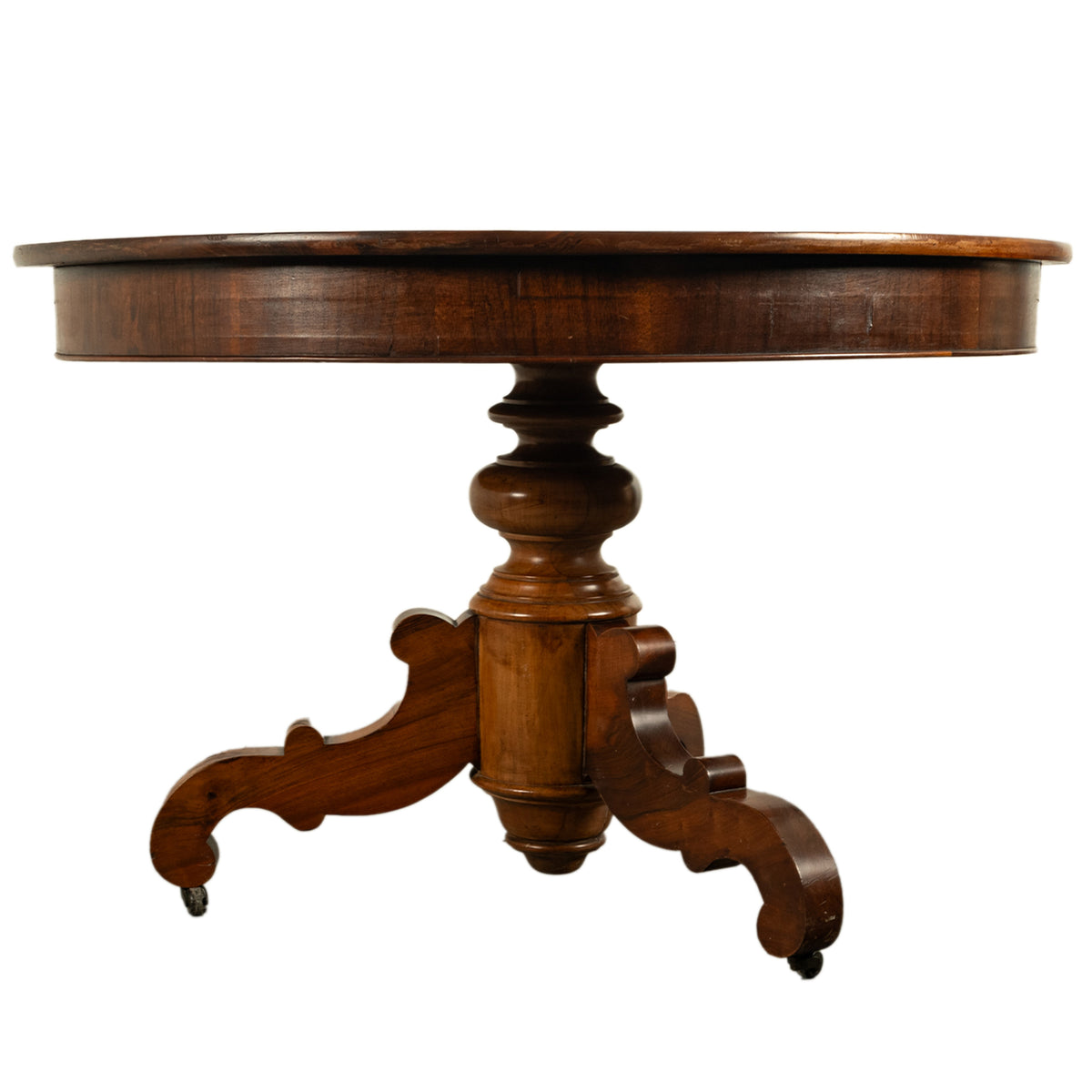 Antique Round Carved French Walnut Pedestal Tripod Dining Center Table 1850