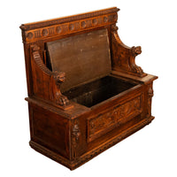 Antique 19th Century Italian Renaissance Revival Carved Walnut Bench Settle 1880