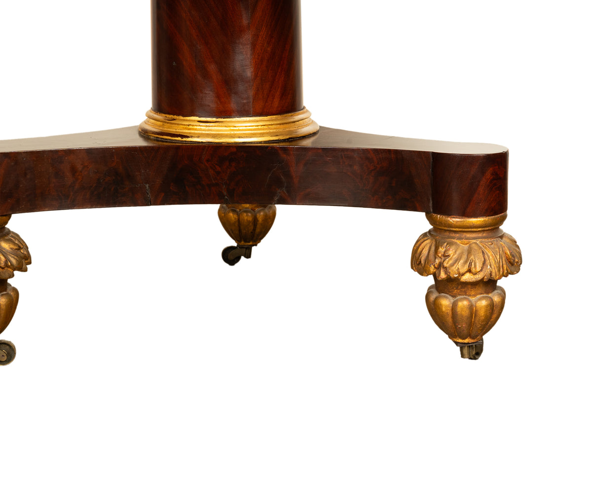 Antique American Classical Mahogany Marble Top Parcel Gilt Round Center Table New York Duncan Phyfe 1825