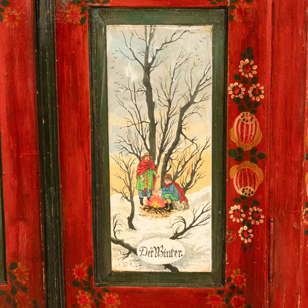 Antique 19th Century German Painted Cabinet Wedding Armoire "Four Seasons" 1850