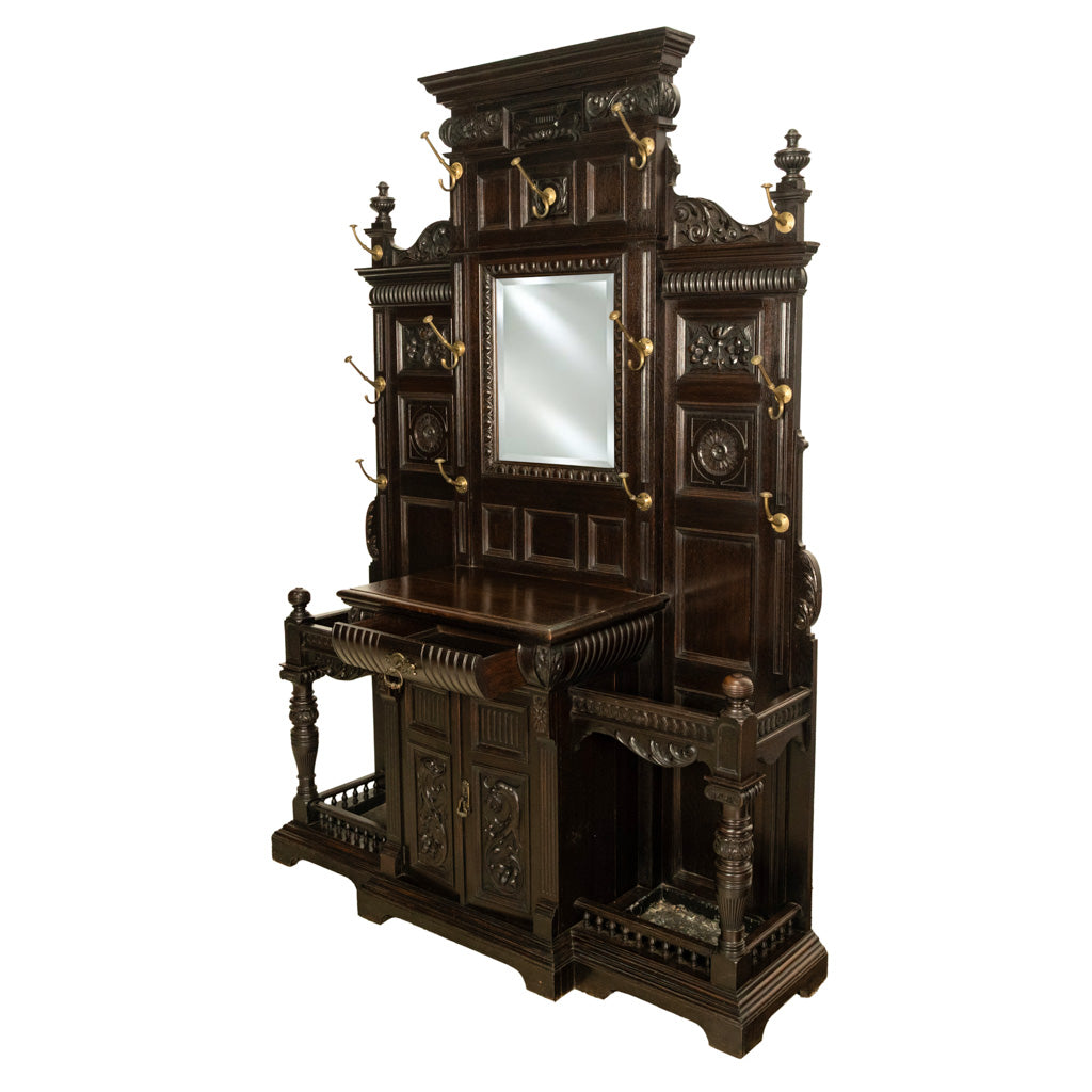Antique Monumental Renaissance Revival Carved Oak Hall Tree Stand Mirror 1890
