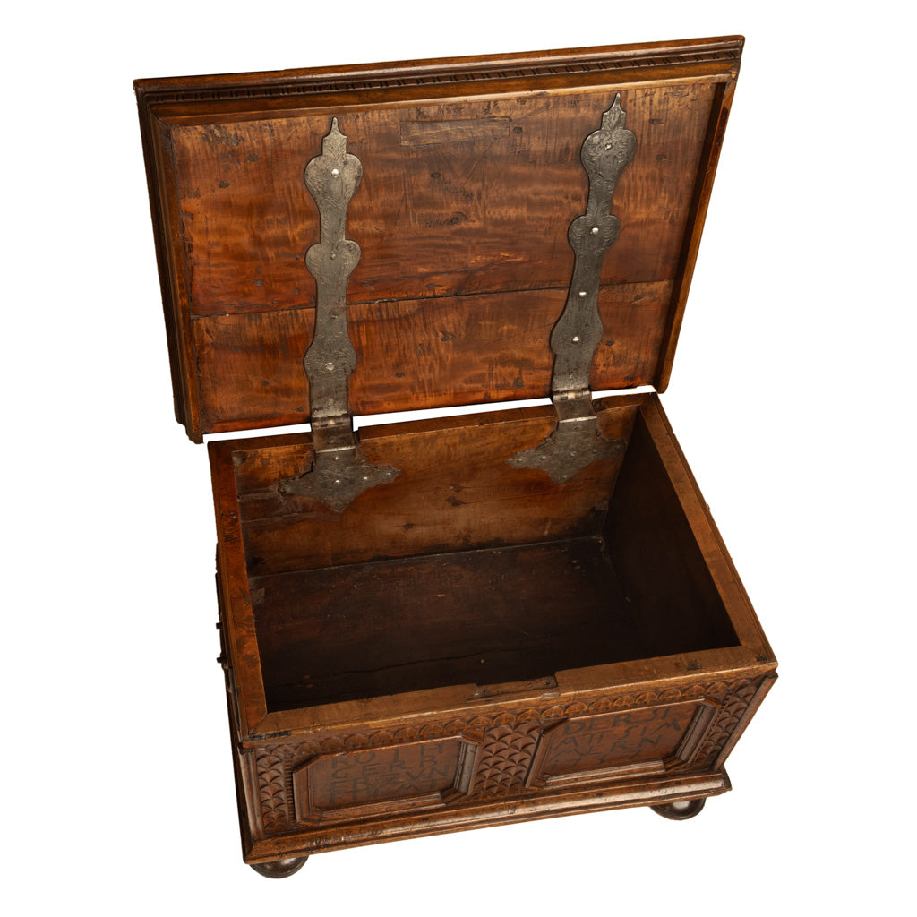 Antique Carved Walnut & Iron Coffer Chest Strong Guild Box Simmern Germany 1737
