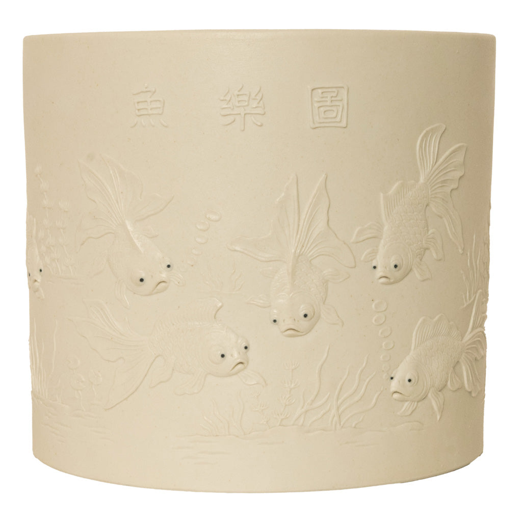 Antique Chinese Qing Biscuit Porcelain Scholar's Brush Pot Bitong Gold Fish 1850