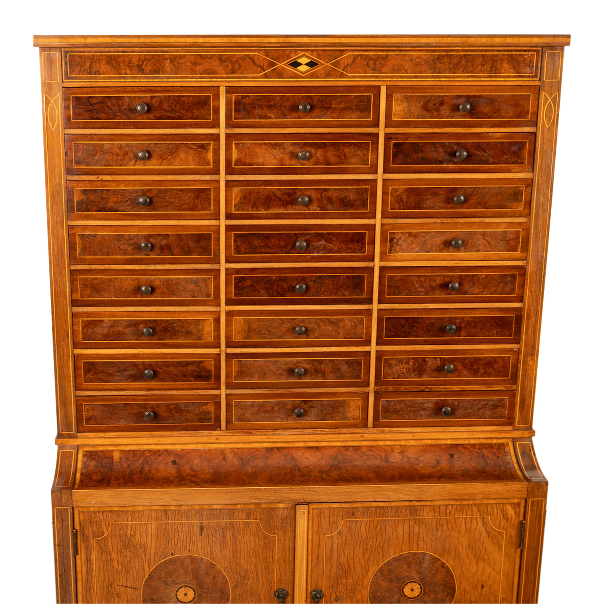 Antique Art Deco Inlaid Marquetry Burl Walnut 24 Drawer Filing Collectors Cabinet Circa 1920