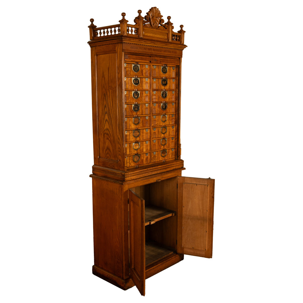 Antique American Carved Oak Victorian Roll Top Letter File Cabinet Amberg Co, 1883