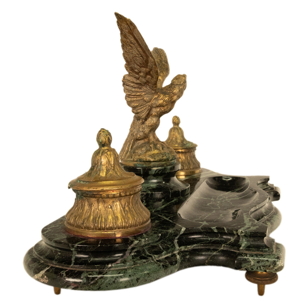 Antique 19thC French Empire Gilt Bronze Marble Eagle Desk Set Twin Inkwell 1880