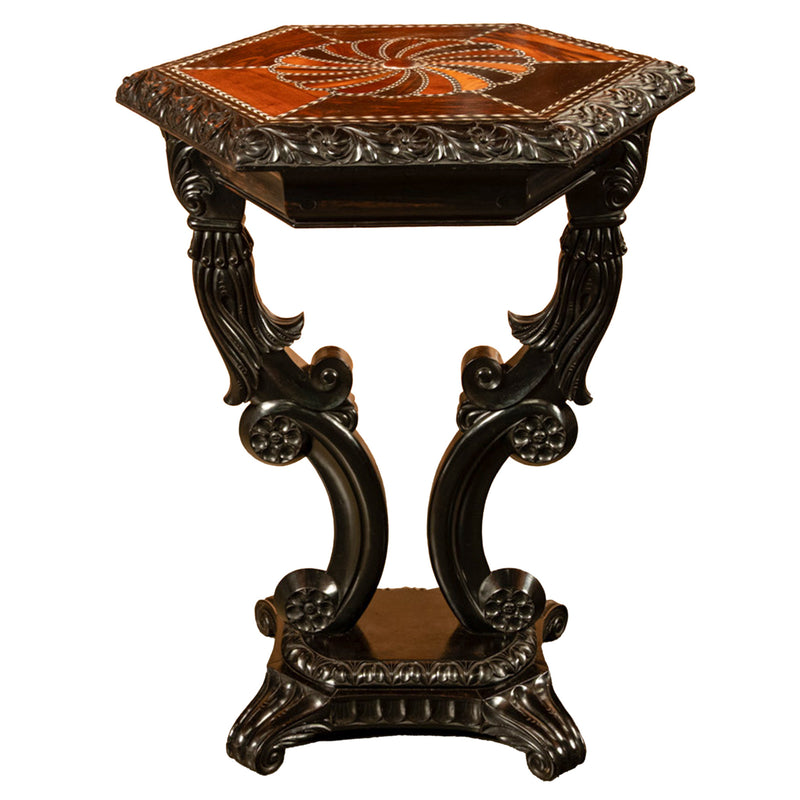 Antique Ceylonese Carved Rosewood Ebony Ivory Silver Specimen Inlaid Table 1850