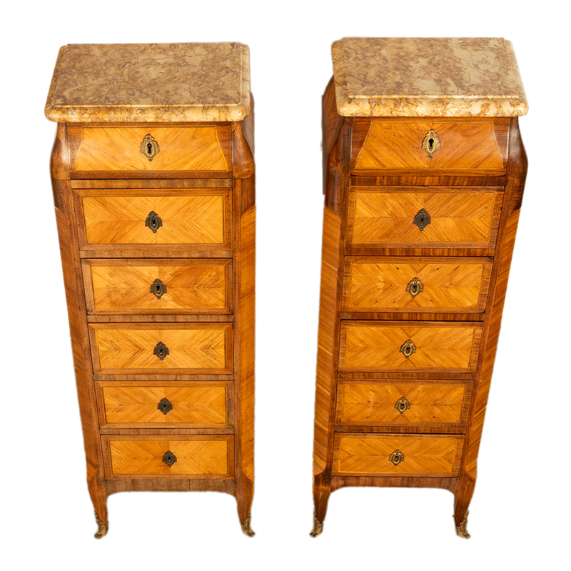 Antique Pair French Louis XV Chiffonier Marble & Kingwood Tall Lingerie Chests Circa 1880