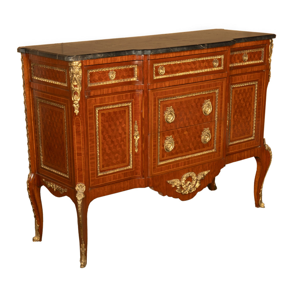 Antique French Parquetry Ormolu Marble Top Louis XVI Commode Chest Drawers 1880