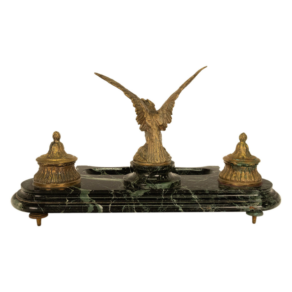 Antique 19thC French Empire Gilt Bronze Marble Eagle Desk Set Twin Inkwell 1880