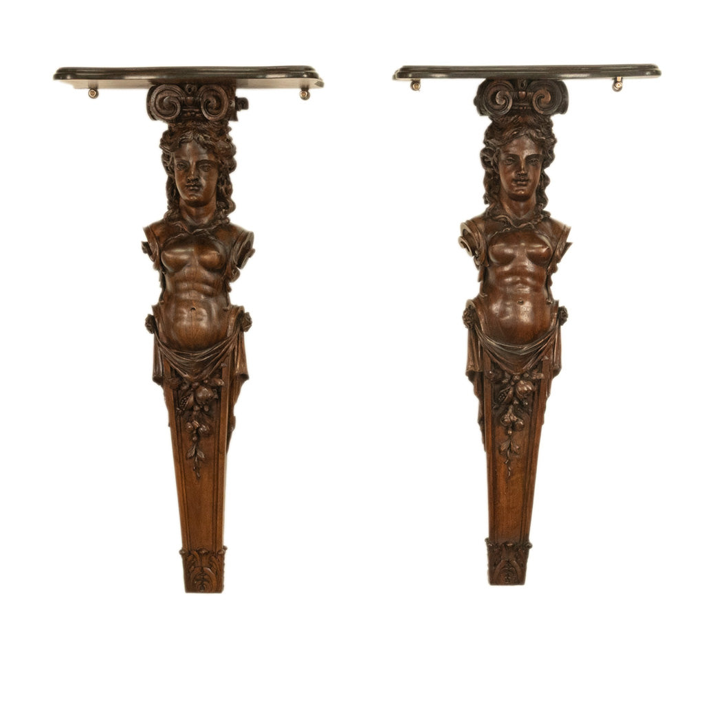 Antique 19thC Italian Carved Walnut Renaissance Revival Pair Caryatid Brackets, Circa 1850
