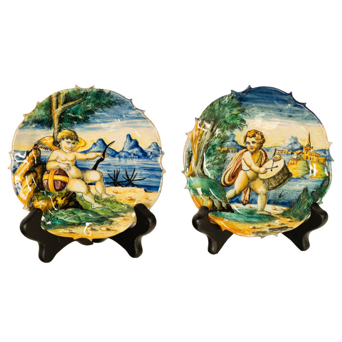 Antique 19th Century Pair Early Cantagalli Majolica Istoriato Plates Italy 1880