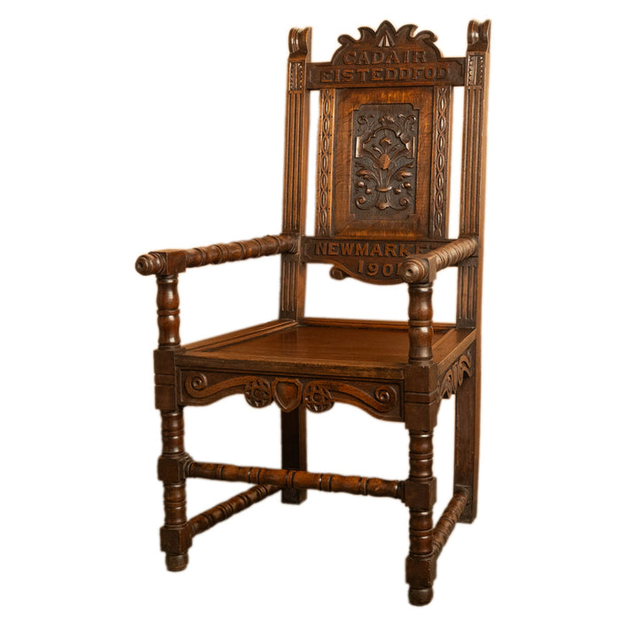 Antique Welsh Carved Oak Eisteddfod Bardic Chair Newmarket Trelawnyd Wales 1901