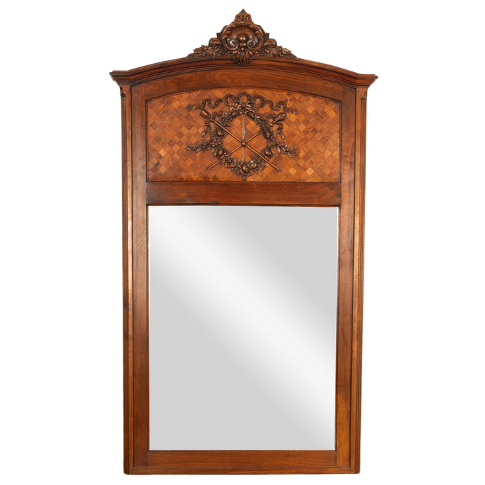 Antique French Louis XVI Walnut Inlaid Parquetry 66" Mantle Trumeau Mirror 1890