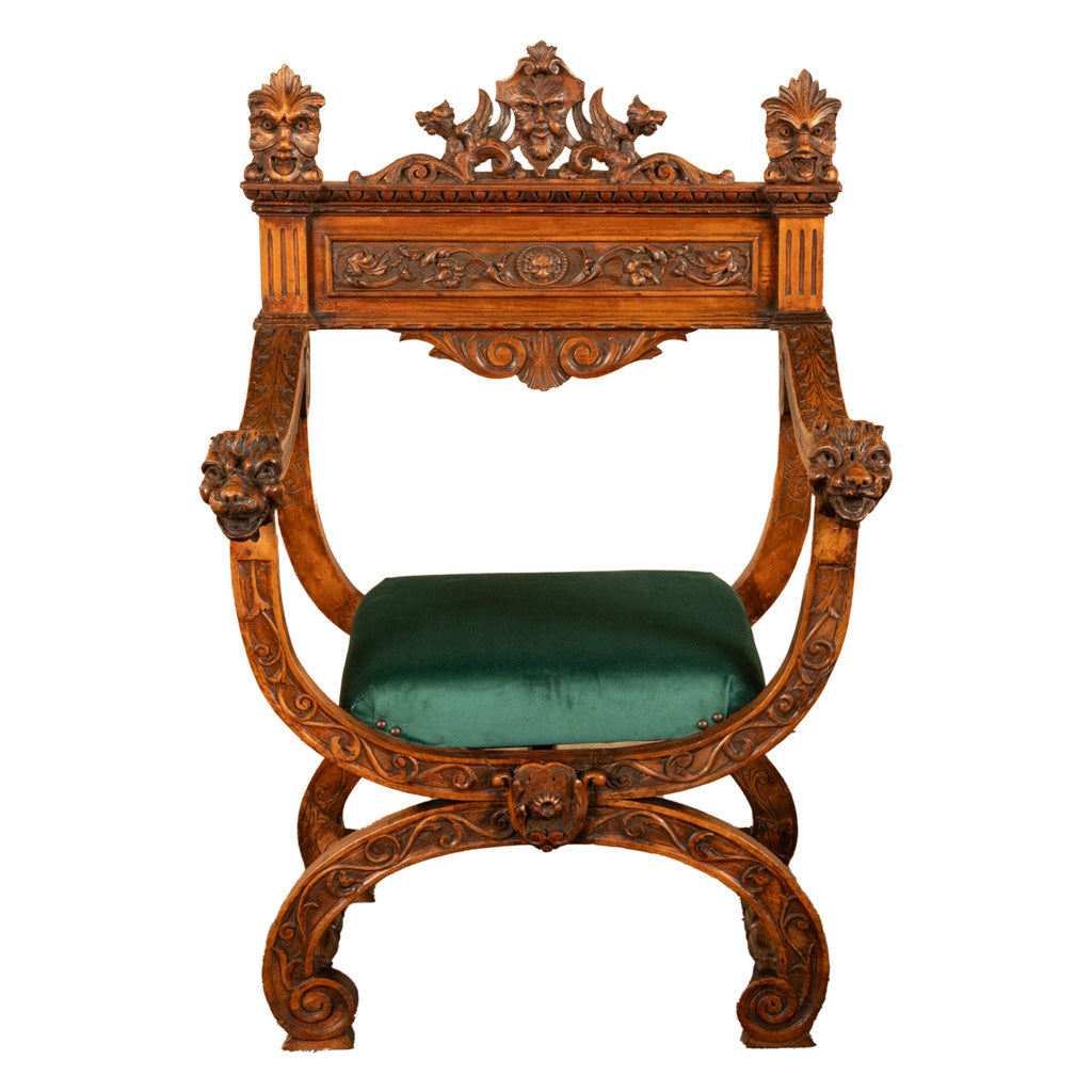 Antique Renaissance Revival Carved Walnut Green Man Savonarola Chair Circa 1890