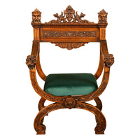 Antique Renaissance Revival Carved Walnut Green Man Savonarola Chair Circa 1890