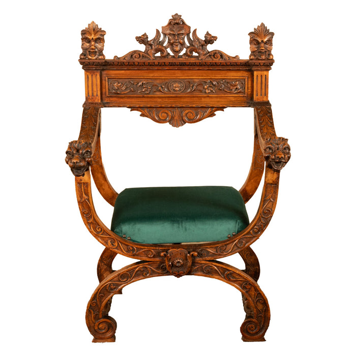 Antique Renaissance Revival Carved Walnut Green Man Savonarola Chair Circa 1890