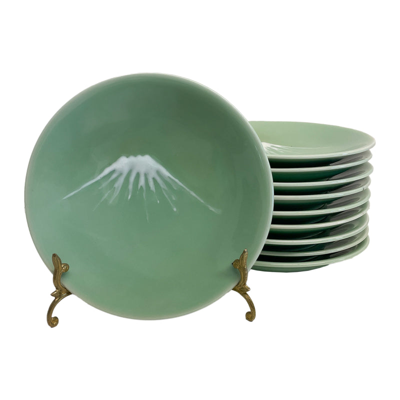 Antique Set of Ten Japanese Nabeshima Mt Fuji Celadon Pottery 8.5" Plates 1900