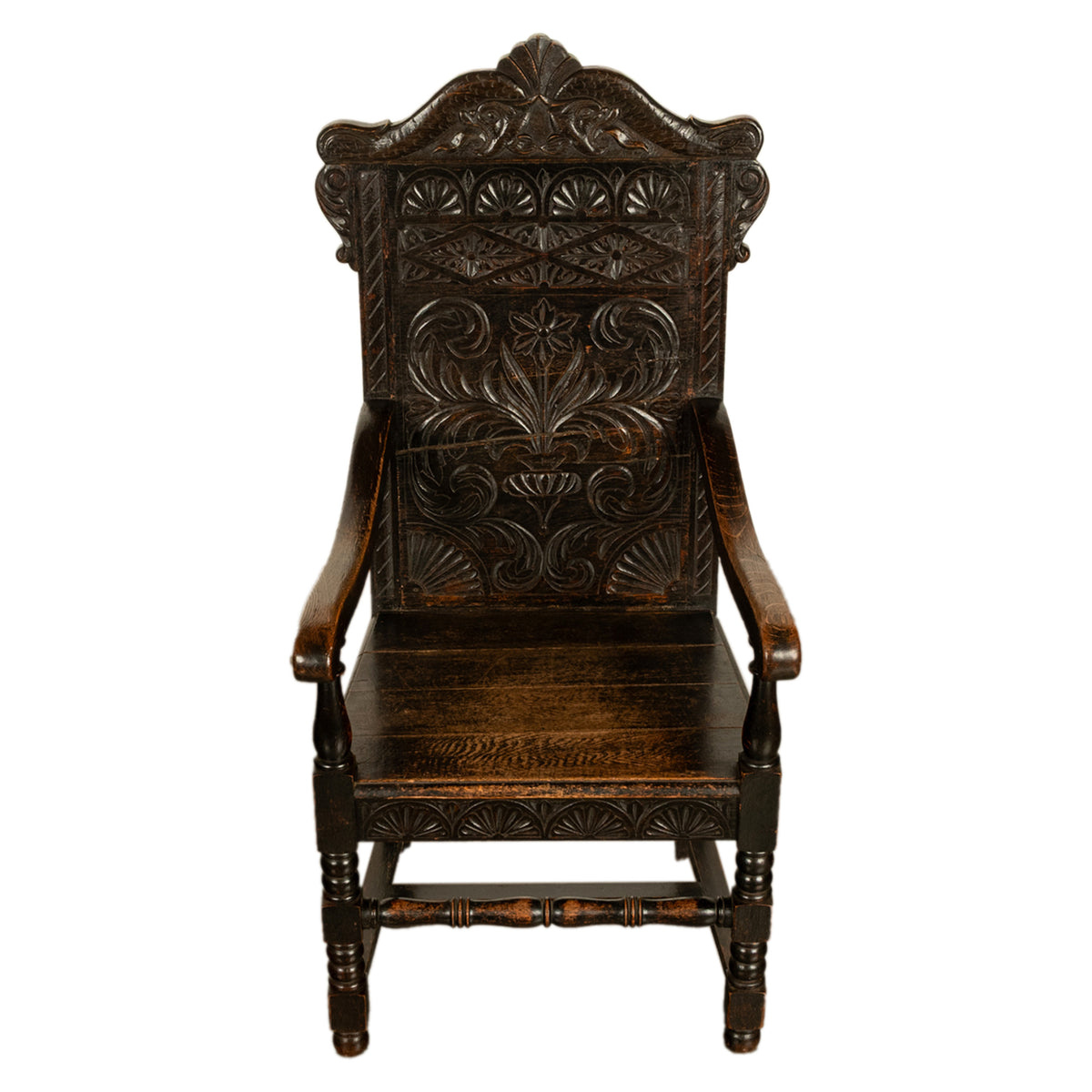 Antique 17th Century English Charles II Oak Carved Wainscot Armchair 1680