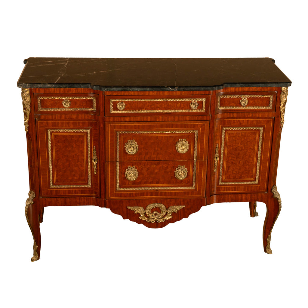 Antique French Parquetry Ormolu Marble Top Louis XVI Commode Chest Drawers 1880