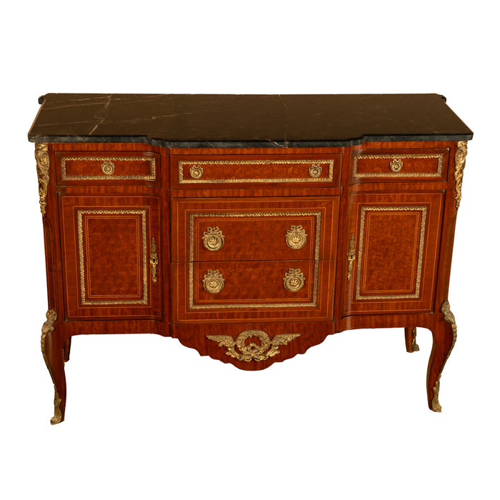 Antique French Parquetry Ormolu Marble Top Louis XVI Commode Chest Drawers 1880