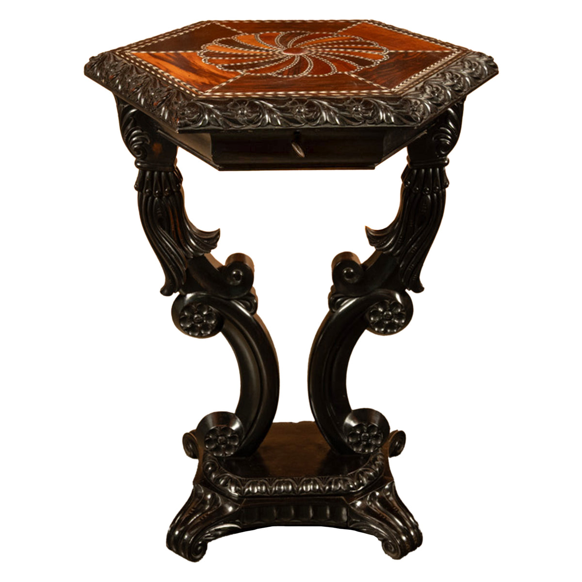 Antique Ceylonese Carved Rosewood Ebony Ivory Silver Specimen Inlaid Table 1850