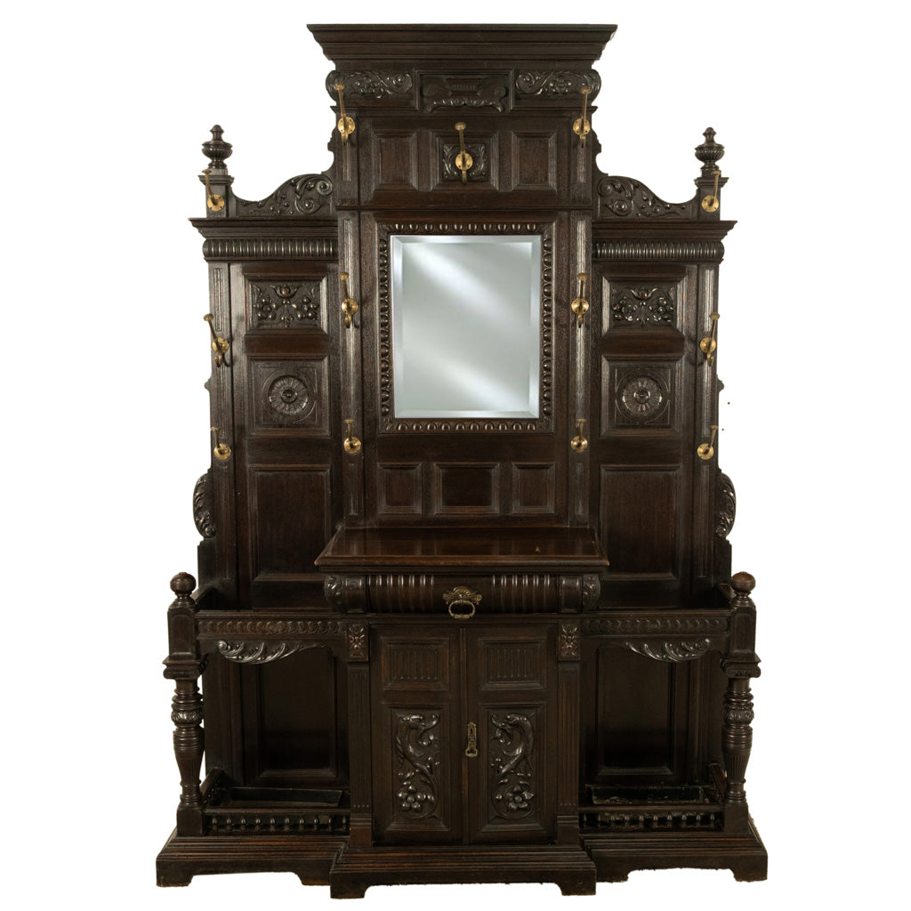 Antique Monumental Renaissance Revival Carved Oak Hall Tree Stand Mirror 1890