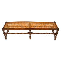 Antique English Jacobean Carved Walnut Barley Twist Caned Long Bench Seat 1880