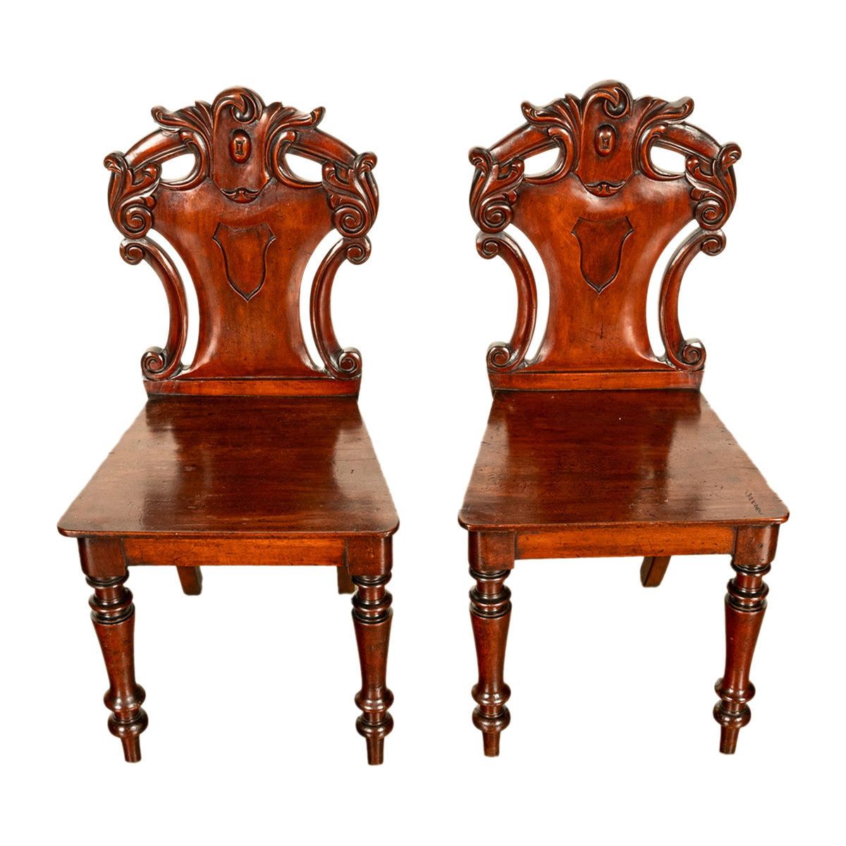 Pair Antique Regency Carved Mahogany Country House Shield Back Hall Chairs 1825