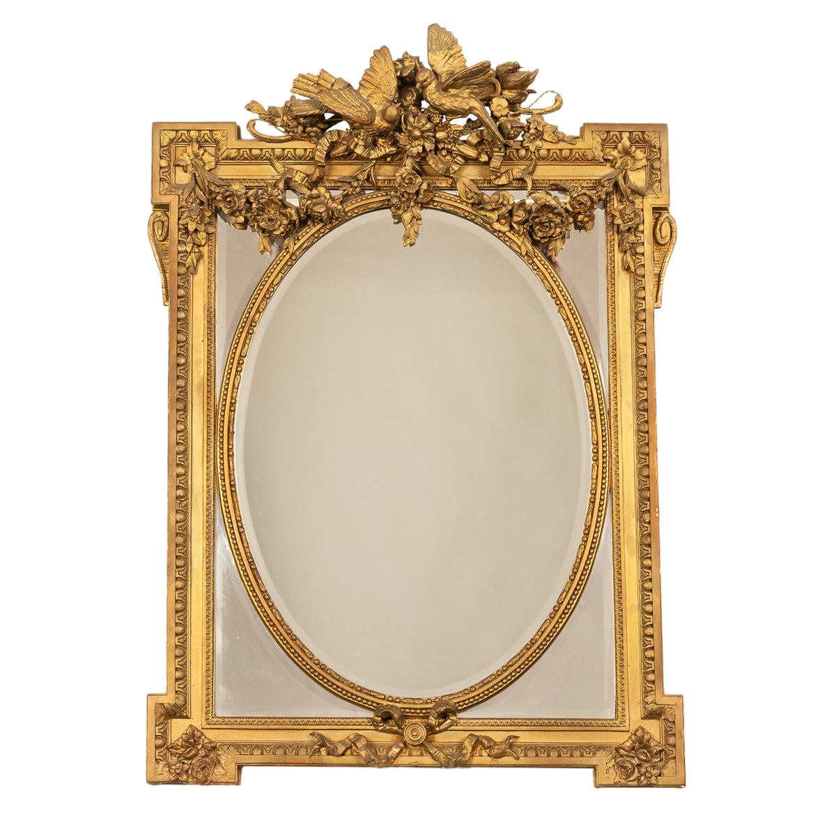 Large Antique French Louis XVI Giltwood Gilt Composition Mirror Lovebirds 1870