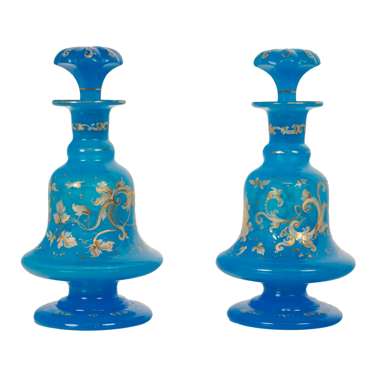 Antique Pair French Blue Opaline Gilded Enamel Glass Perfume Bottles Flacon 1850
