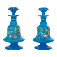 Antique Pair French Blue Opaline Gilded Enamel Glass Perfume Bottles Flacon 1850