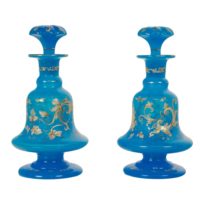 Antique Pair French Blue Opaline Gilded Enamel Glass Perfume Bottles Flacon 1850