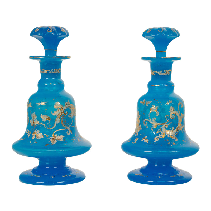 Antique Pair French Blue Opaline Gilded Enamel Glass Perfume Bottles Flacon 1850