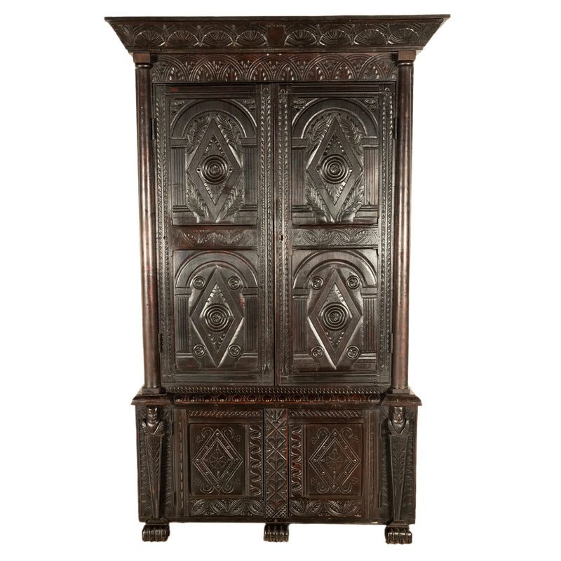 Antique Elizabethan Carved Oak Revival Livery Housekeepers Cupboard Cabinet 1860