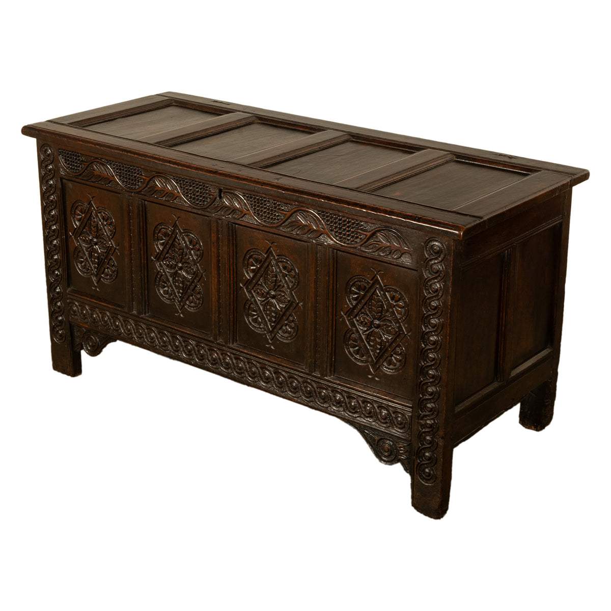Antique 17th Century Jacobean Charles II Dark Oak Carved Coffer Chest 1680