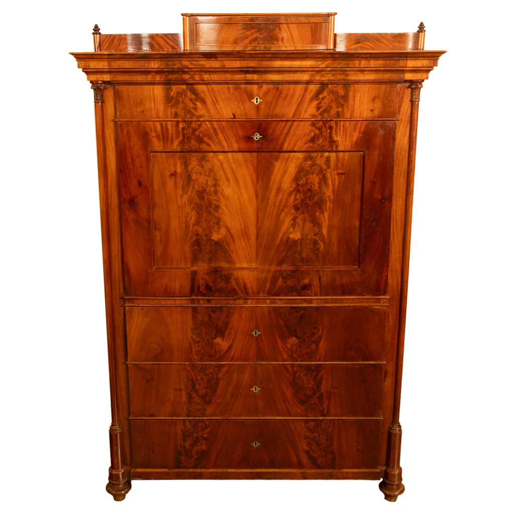 Antique Austrian Flame Mahogany Inlaid Rosewood Biedermeier Secretary Chest 1820